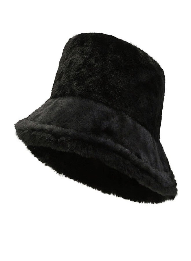 TZ Promise Women Plush Fluffy Bucket Hat Warm Lining Winter Faux Fur Cozy Wide Brim Winter (Black) - Image 1